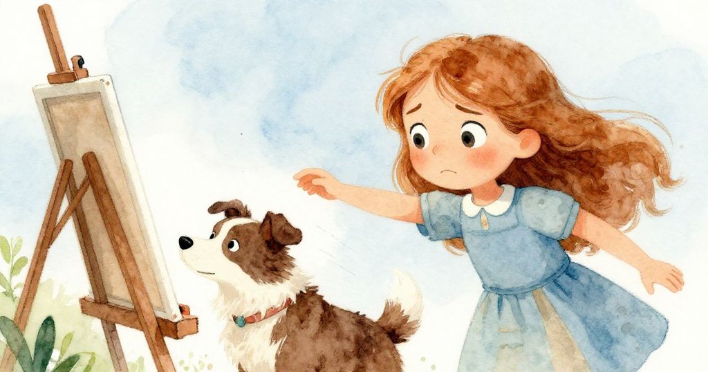 克拉拉面露矛盾情緒調整調色板,狗狗奔跑中意外碰撞畫架,動與靜形成對比,豐富情感與內心掙扎。