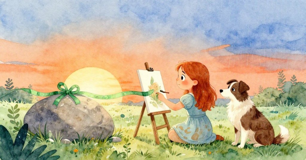 雨滴輕敲完成畫作,克拉拉與狗狗滿懷希望地注視遠方綠絲帶激發的靈感,展現結局中寧靜與新生的氛圍。