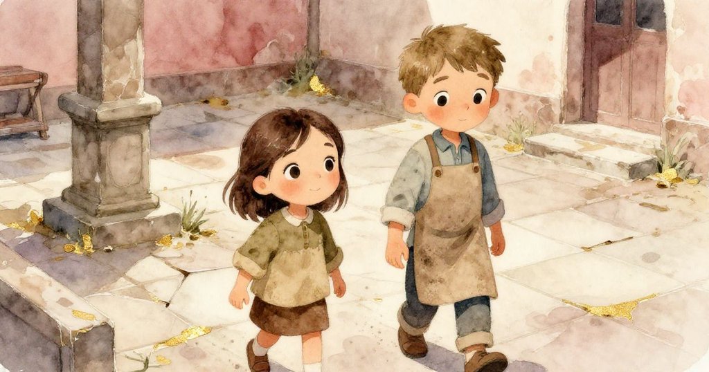 米拉與喬納斯踏入光線柔和的廢棄庭院, 破裂石板與石壇見證新冒險, 表情期待而溫暖.