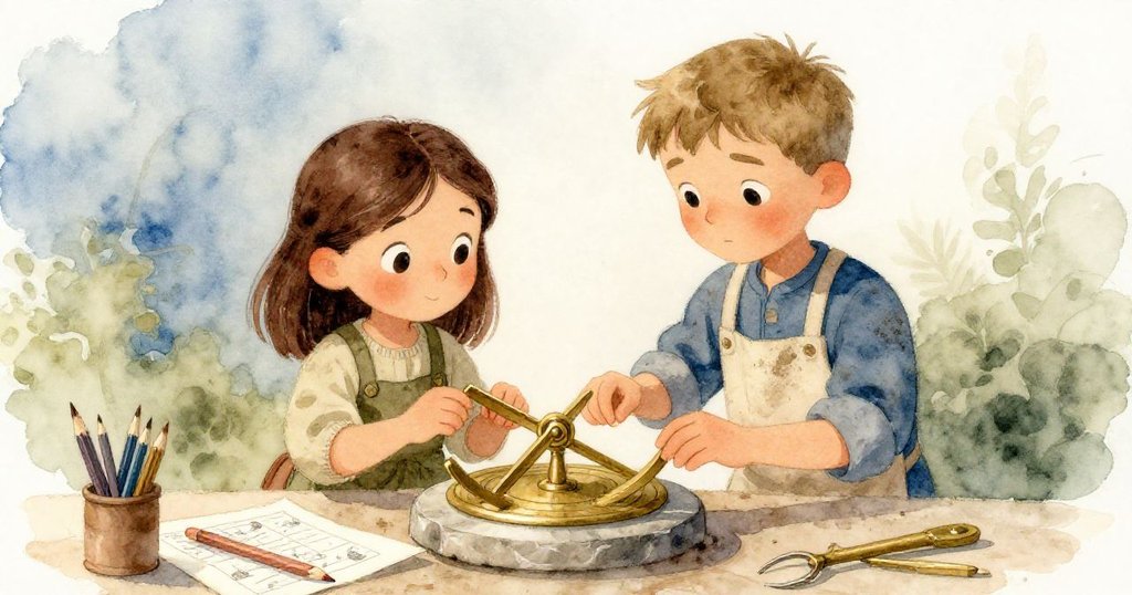 米拉與喬納斯在石壇旁調整青銅日晷, 對比工具與物件細節, 神情專注且互助.