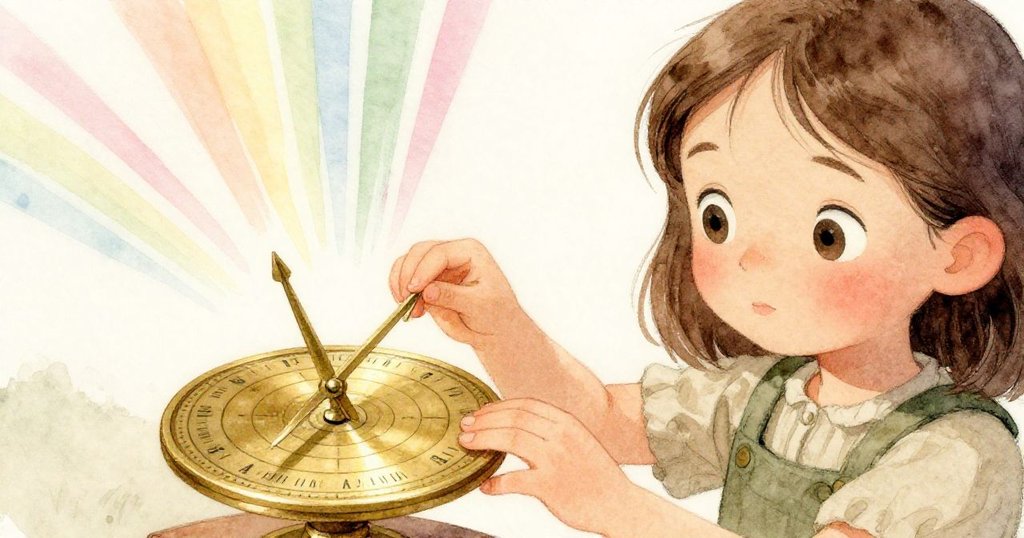 米拉小心觸碰青銅日晷, 手指精細調整, 光線中彩虹微現, 表情溫柔專注.