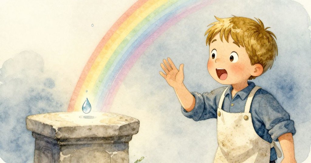 水池中水滴落下擊打石壇, 形成狹窄彩虹, 喬納斯激動揮手, 光影交織展現奇妙時刻.