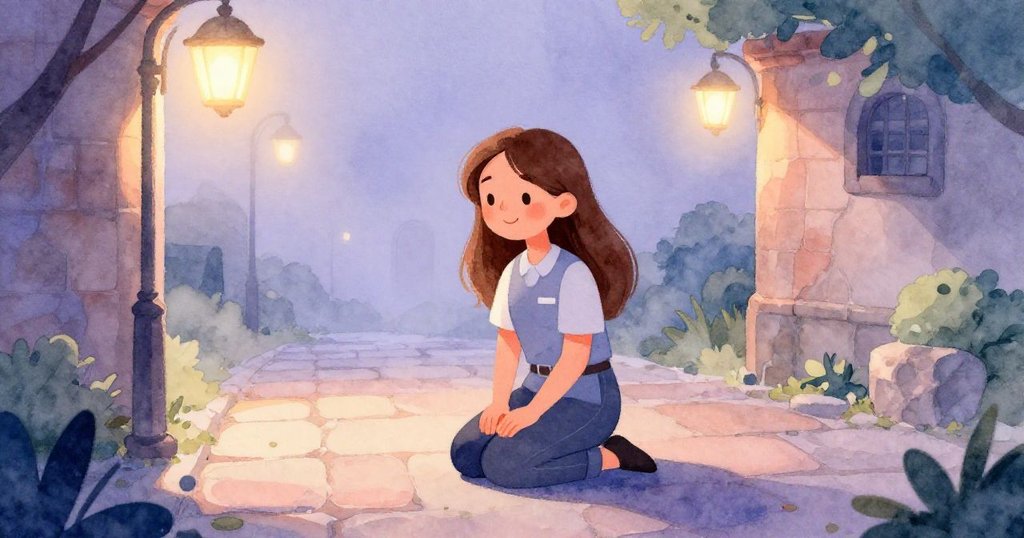 露西婭在晨光中跪於石板上,環境中薄霧與微光營造出柔和的清晨感,展現期待與專注的情緒。