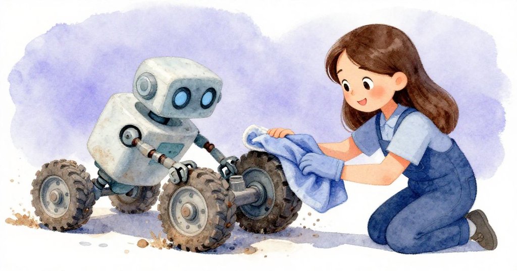 露西婭在檢查故障機器人,一邊用袖子擦拭輪子,畫面左側展示機器人動作,右側專注解決問題。