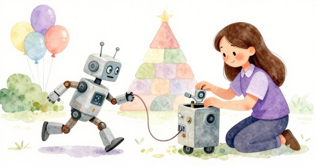 露西婭在試跑過程中輕拍機器人修復鬆脫電線,背景中有氦氣球裝飾,瞬間展現緊張與希望共存的情境。