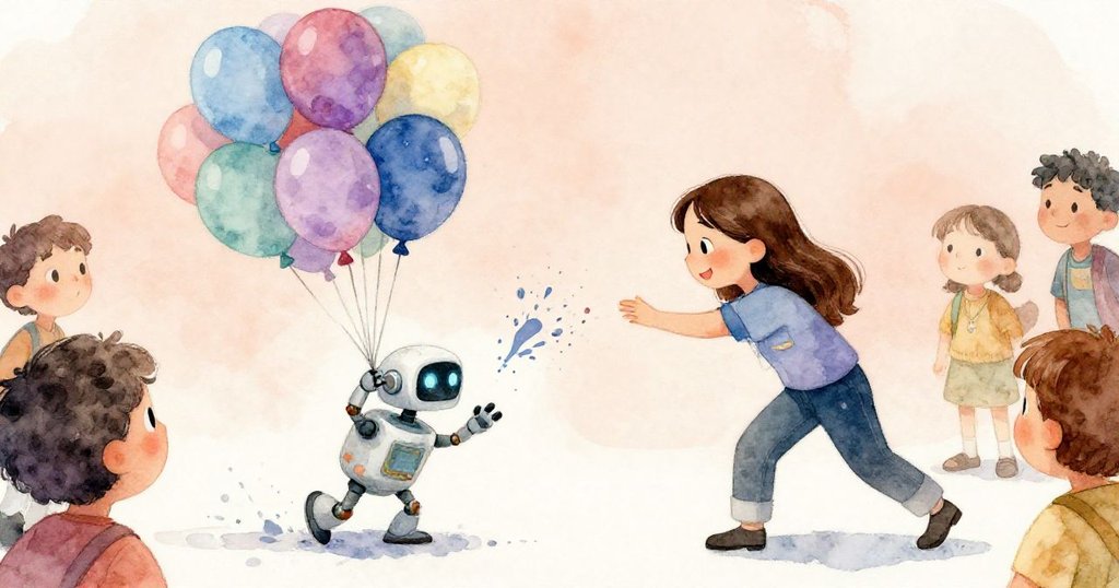 露西婭在操作中的機器人撞破氦氣球噴灑油漆,訪客好奇圍觀,現場充滿驚訝與緊張又不失溫馨的氣氛。