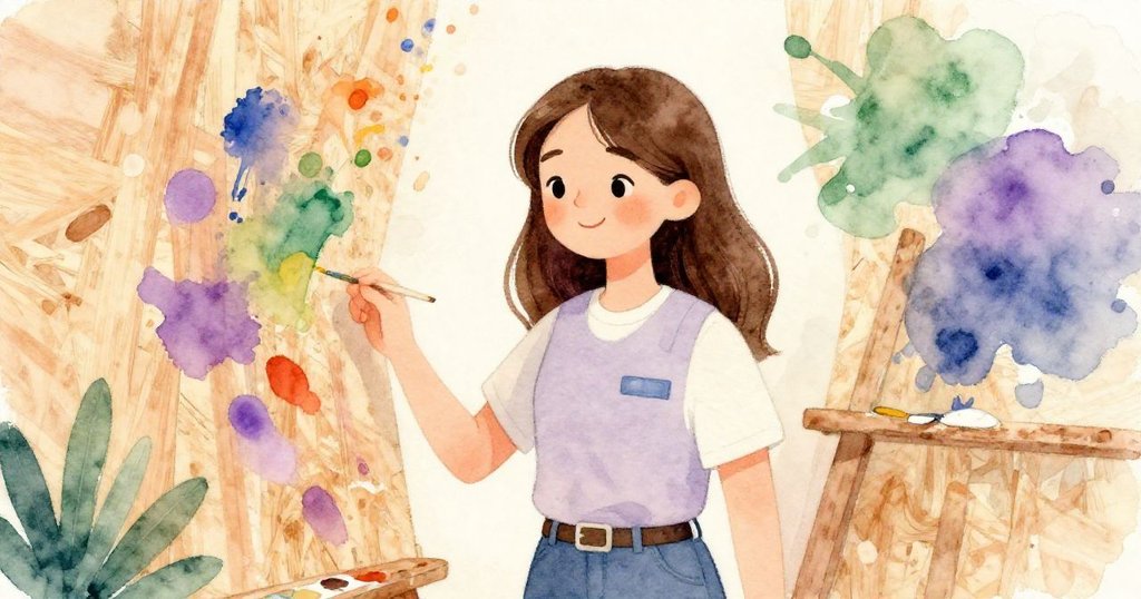 露西婭站在彩色油漆痕跡前微笑欣賞成果,現場充滿藝術氣息與溫馨的故事落幕感。