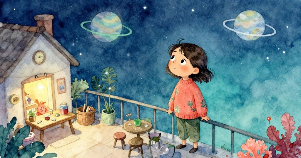 Mira站在露台上，眺望夕陽下閃爍的天空與神秘星球，充滿好奇與期待，背景為古色古香的庭院。