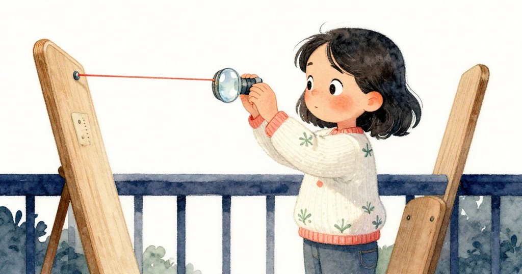 Mira在露台邊緣仔細測量，手中捧著包裹玻璃透鏡的布，堅固木板與精巧物品形成鮮明對比，神情專注。