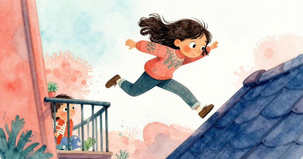 Mira勇敢從露台一躍跨上搖搖欲墜的屋頂板，姿態充滿動感與決心，背景呈現晚霞與深邃藍色層次。