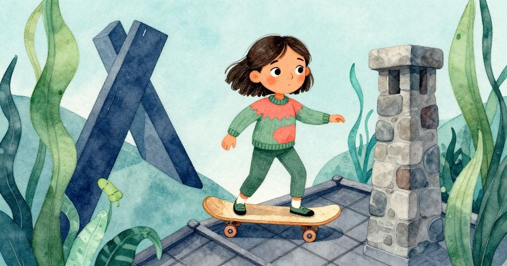 在奇幻的不可能空間中，Mira用手按住搖搖板，背景中呈現扭曲木板、石煙囪和隨風飄動的瓦片，充滿夢幻感。