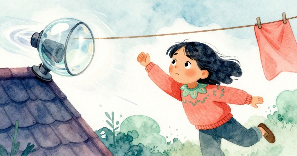 Mira急速追趕飛舞的玻璃透鏡，透鏡沿著動態軌跡在屋頂上翻飛，最終被衣繩牢牢接住，表情急切。