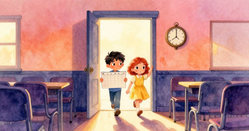 Marco和Lina跨入考試大廳，手持大課表與掛鐘，現代感入口溫馨燈光映出期待與專注的情緒。