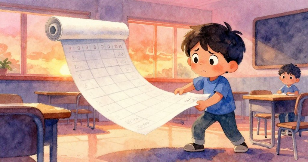 Marco努力展開大課表，扭曲的視角顯示紙張捲曲與他焦慮困惑的神情，室內現代考試環境。