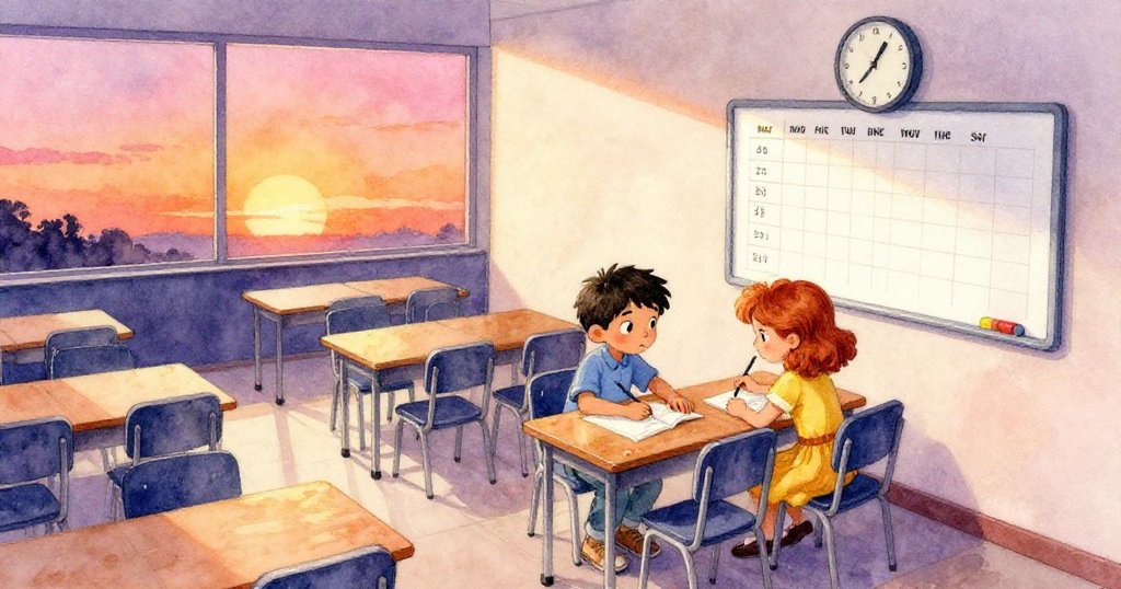 從高處俯瞰考試大廳，Marco與Lina合作固定大課表和掛鐘，桌椅整齊散發著現代溫馨感。