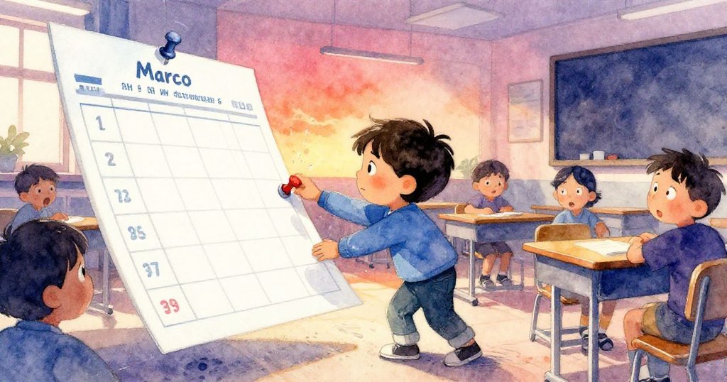 Marco猛按釘書釘，大課表滑動顯露隱藏進度表，Lina驚訝目光交織著緊張與期待。