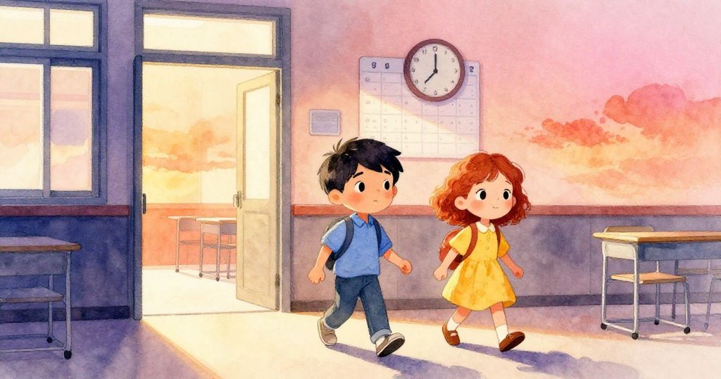 Marco與Lina滿足微笑告別考試大廳，背後整齊大課表與掛鐘映出努力成果，溫暖光線迎向新開始。