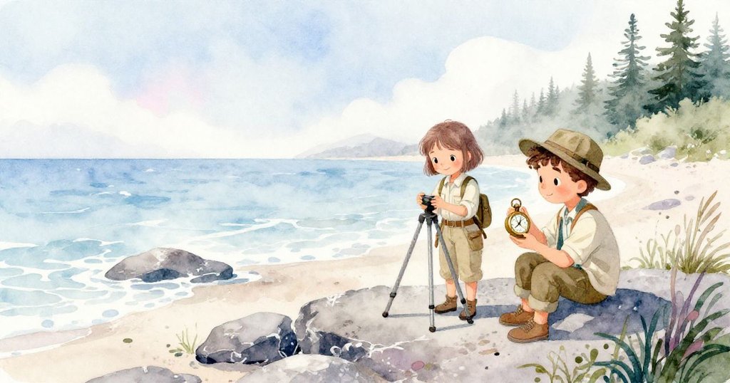 瑪拉與利奧在岩石海灘調整三腳架，環境充滿海藻和晨光，兩人充滿期待專注前進