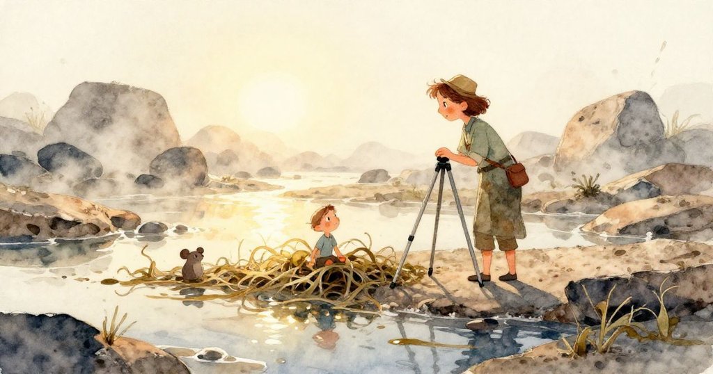 寄居蟹慢慢拖著破裂螺殼在岩石上前行，細膩自然背景散發靜謐與生動的氣息