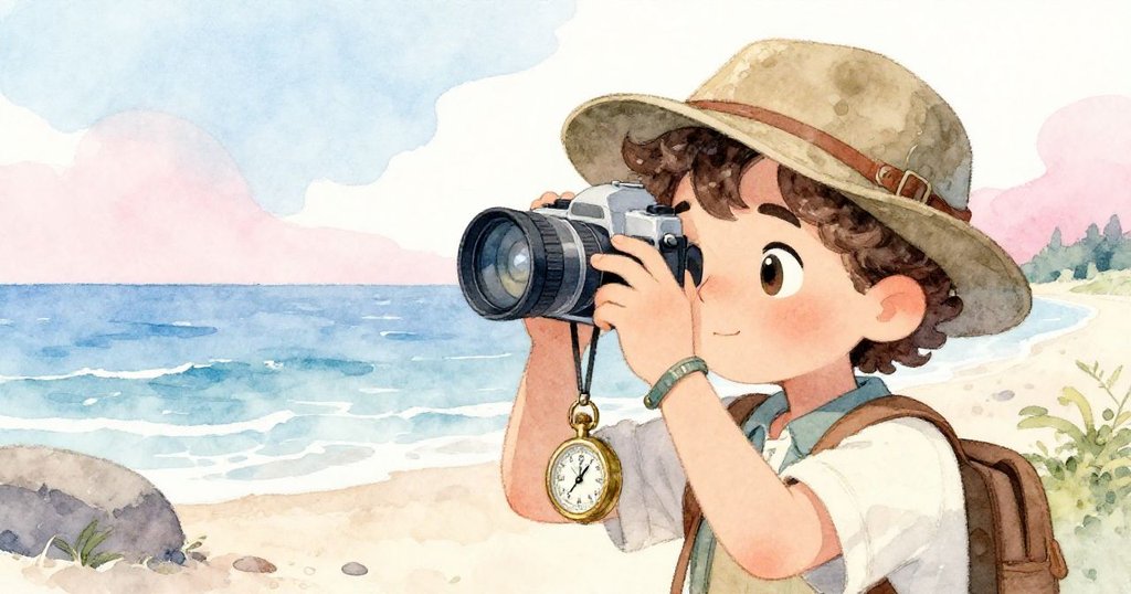 利奧透過相機鏡頭觀察海面，計時器閃亮，光影交錯中展現專注與期待情緒