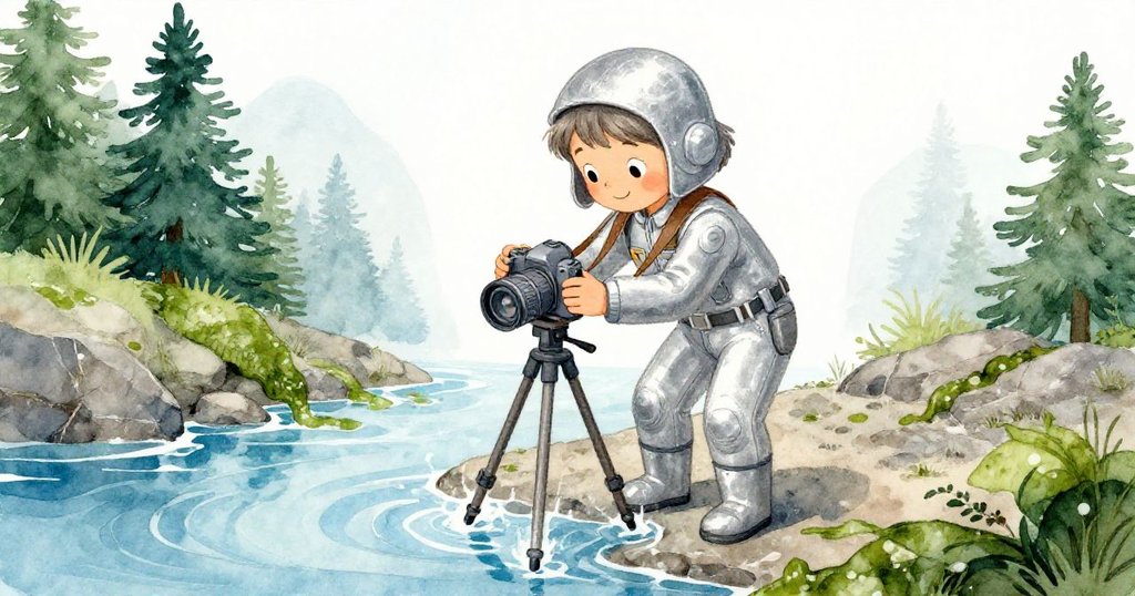 瑪拉在上升海水中操作相機，三腳架與岩石環境展現合作與細心調整的瞬間