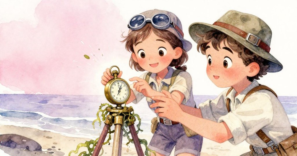 利奧與瑪拉急忙合作拯救落水計時器，海藻纏繞在三腳架上，現場氣氛緊張而專注