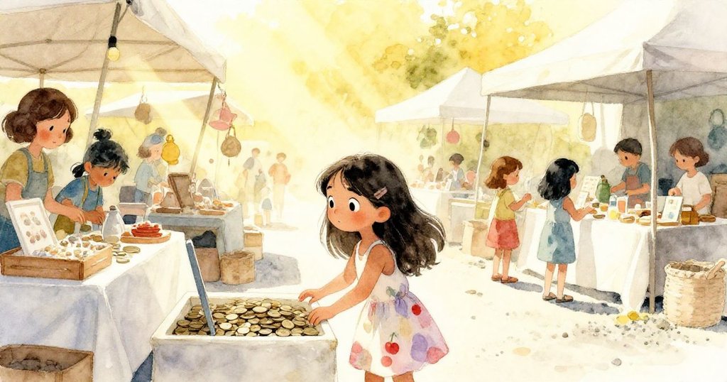 在充滿晨光與影子的跳蚤市場,Maya懷著好奇走向滿是硬幣的桌子,環境背景豐富,展現故事開始。