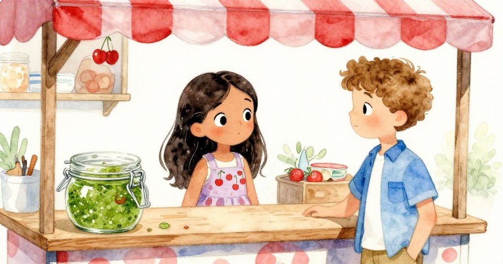 在市場攤位內部溫馨角落,翡翠色酸辣醬罐滑向Maya與Felix,攤主在旁整理,故事情節驟起轉折。