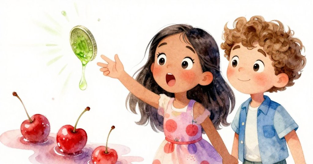 在生動一瞬間,酸辣醬滴濺於古幣上,Maya與Felix驚訝表情鮮明,充滿動感與色彩的高潮場面。