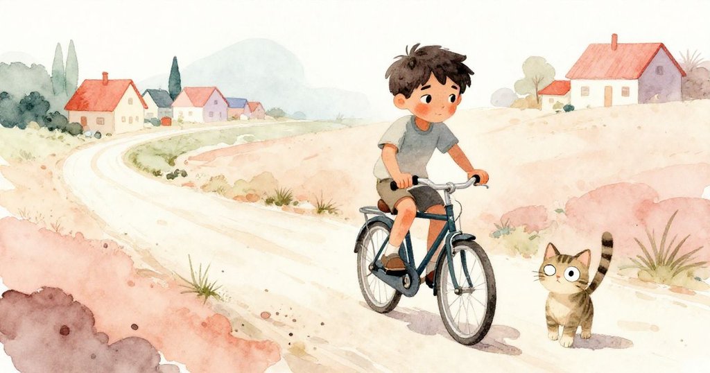 Leo騎舊自行車沿沙軌疾馳，獨眼貓輕快隨行，背景村落模糊，呈現好奇與冒險的氣氛。