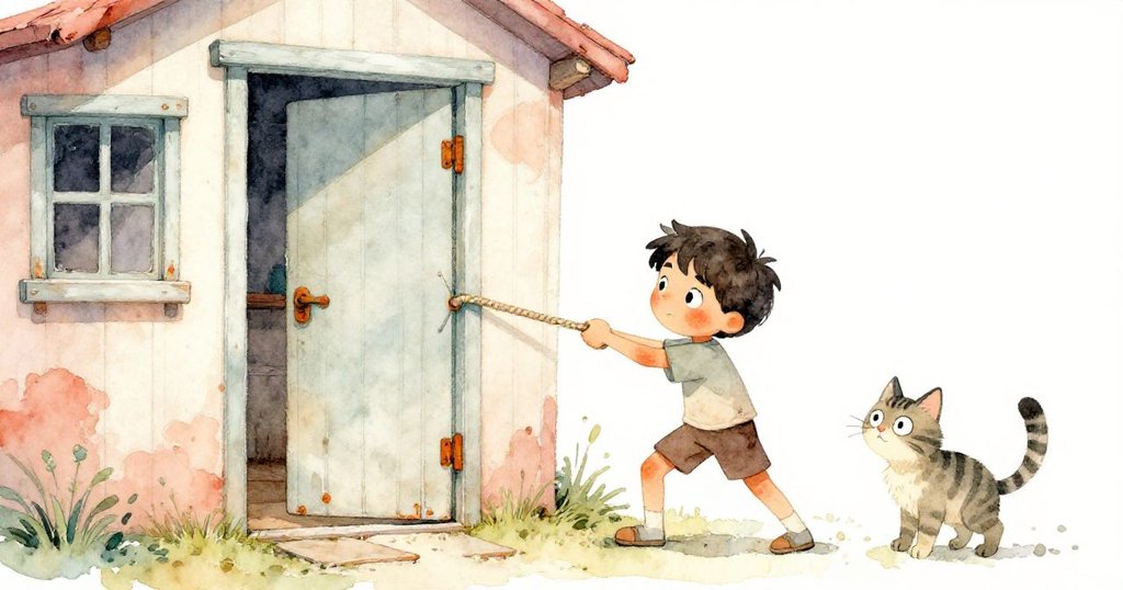 Leo用繩索拉舊門，門上橘色生鏽鉸鏈清晰可見，獨眼貓停留旁邊觀察，畫面留白呈神秘氛圍。