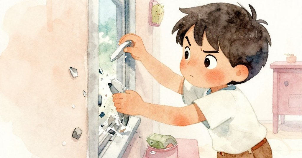 Leo捲袖清理破碎窗邊碎片，臉上滿是決心，特寫強調動作與環境細節，充滿專注感。