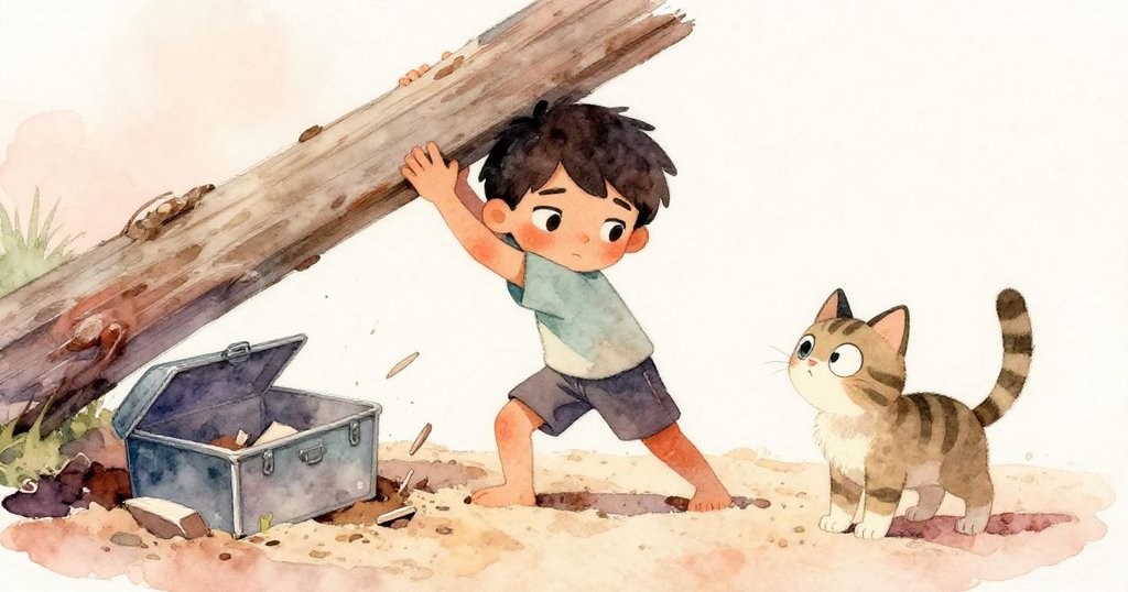 Leo小心撥動倒木揭露沙中金屬盒，手上木屑飛揚，獨眼貓目光專注，流露出堅定希望。