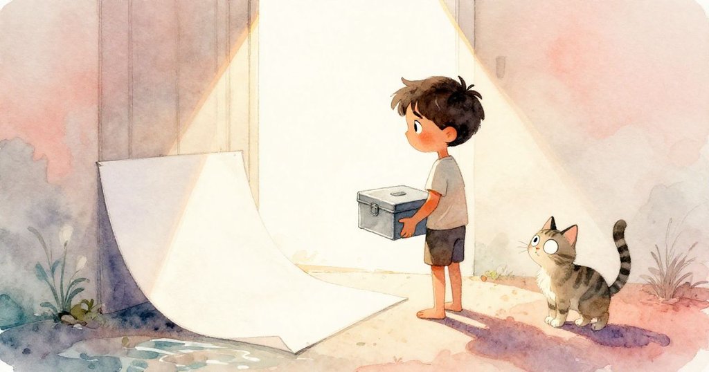 晨光穿透瀉湖門洞，照亮金屬盒旁空白頁，Leo靜思握盒，獨眼貓送別，氣氛溫柔而告別。