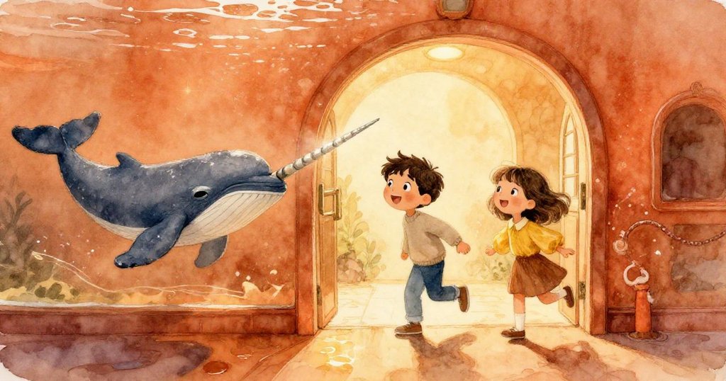 馬泰奧與莉娜興奮邁步進入水族館，濕潤地面映出光影，玻璃纖維獨角鯨懸浮上方，營造出溫暖奇幻的氛圍。