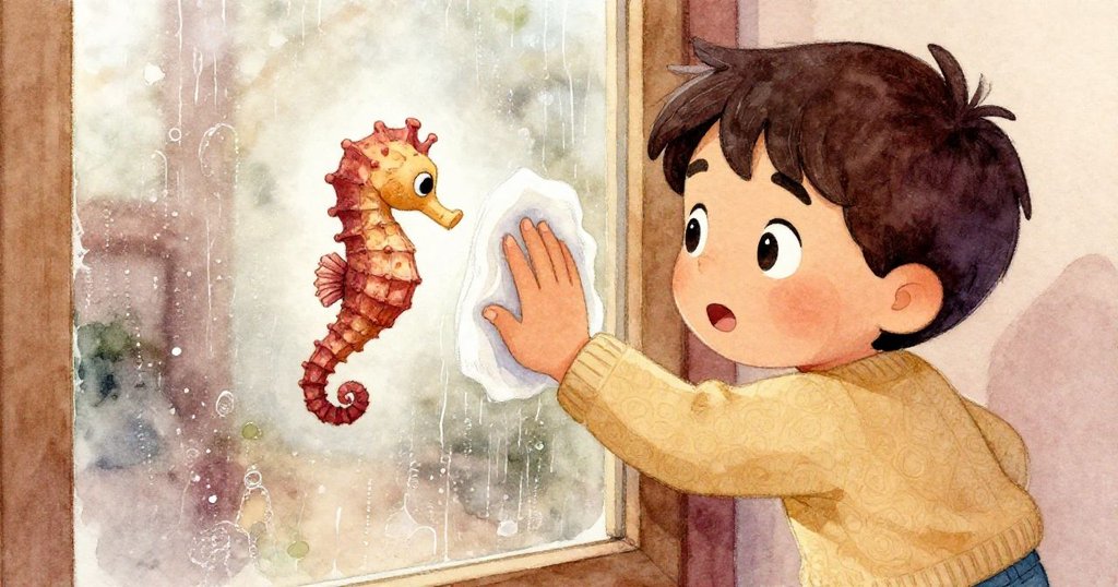 馬泰奧正小心翼翼地抹去玻璃上的水霧，細緻的濕潤質感中，一隻微小海馬悠然飄過，光影柔和動人。