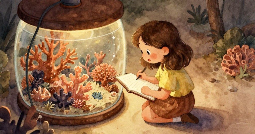 莉娜蹲在環形珊瑚箱前，俯視打開的素描本，專注比對現實珊瑚與自己畫作，溫暖光線映襯出細膩情感。
