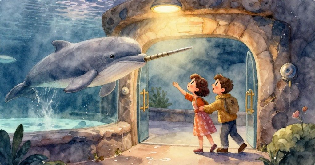 工作人員在窗後調整燈光控制，水族箱珊瑚從奪目的色彩變得蒼白脆弱，燈光交錯營造出戲劇般的氛圍。