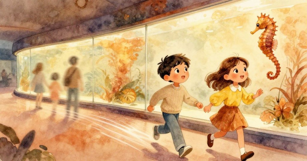 馬泰奧與莉娜沿著曲線玻璃牆迅速移動，背景中訪客模糊呈現動感，海馬留下一道輕柔軌跡，充滿活力的場景。