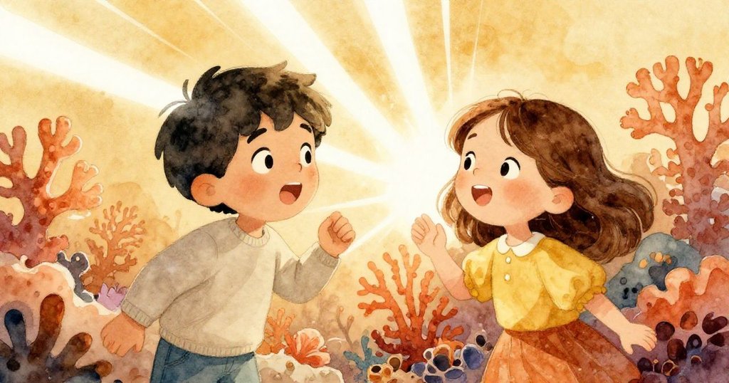 馬泰奧與莉娜滿懷希望對望微笑，強光照射下珊瑚重獲鮮豔色彩，他們臉上流露出欣慰與重生的暖意。