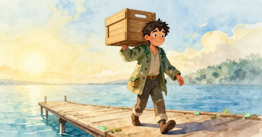 露卡斯挑著木箱走向充滿晨光的碼頭，臉上透露著期待與微妙緊張，海風輕撫著他的臉龐。