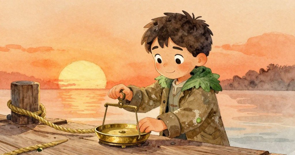 露卡斯小心布置古銅秤，在木板上擺放海產，溫暖夕陽下，動作充滿專注與儀式感。