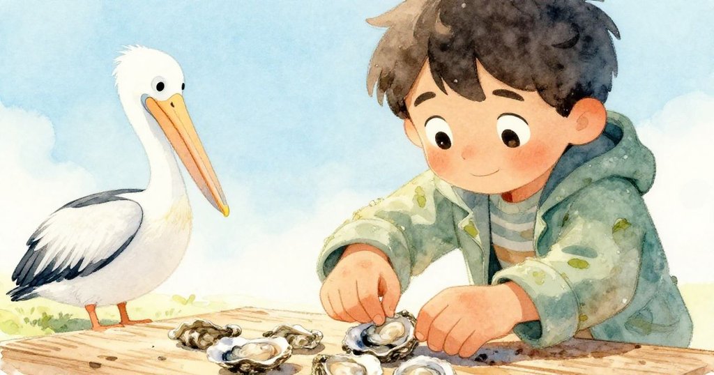 從露卡斯視角看見牡蠣散落木板，鸕鶿靠近，露卡斯急忙彎腰收拾海產，神情充滿專注與急切。