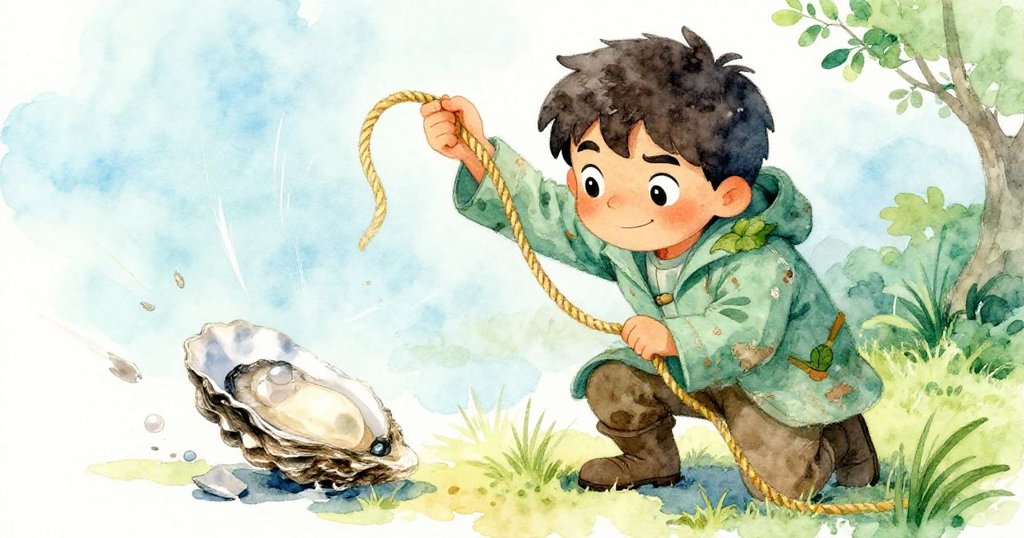 強風捲起黃色繩索，露卡斯緊蹲穩秤，忽見牡蠣裂開露出珍珠，神情緊張而充滿驚奇。