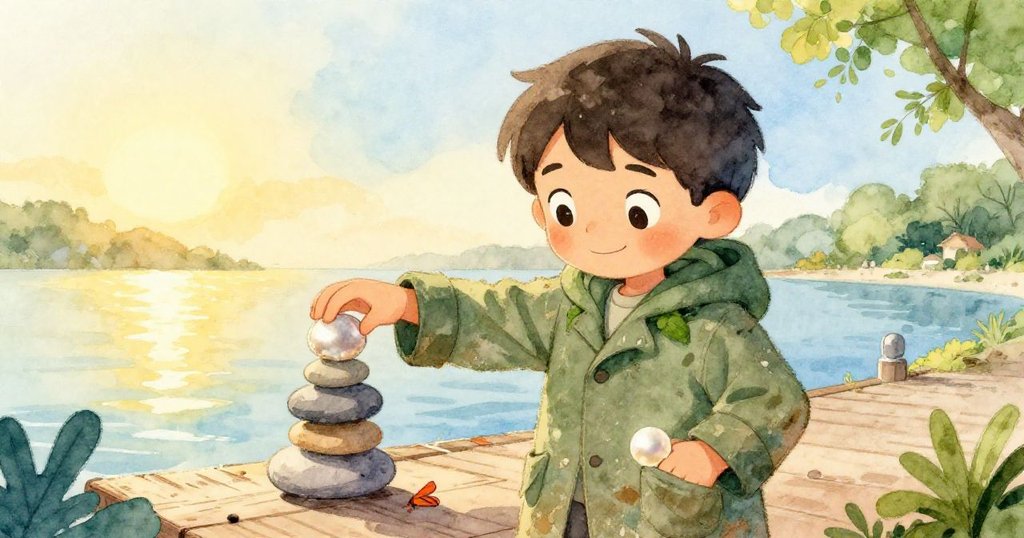 發現珍珠後，露卡斯滿懷喜悅輕觸珠寶，重新整理海產並穩放平衡，背景依然是溫暖明亮的晨光碼頭。