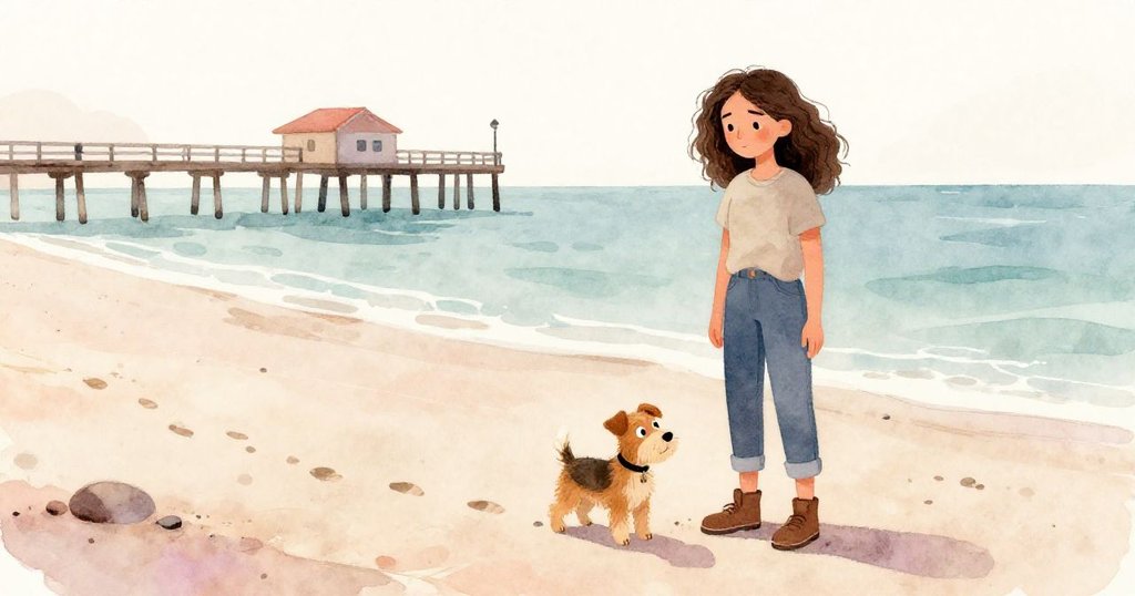 瑪拉與小狗Pebble在舊碼頭旁的寬闊沙灘上悠然漫步,足跡與海浪交織展現新冒險的開始。