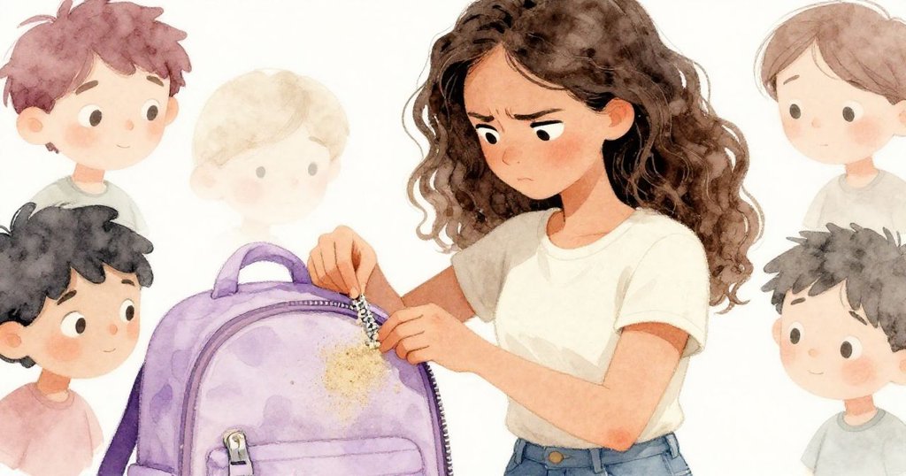 瑪拉專注凝視卡住的背包拉鏈,神情堅定,細心處理沙粒困境展現解決問題的決心。