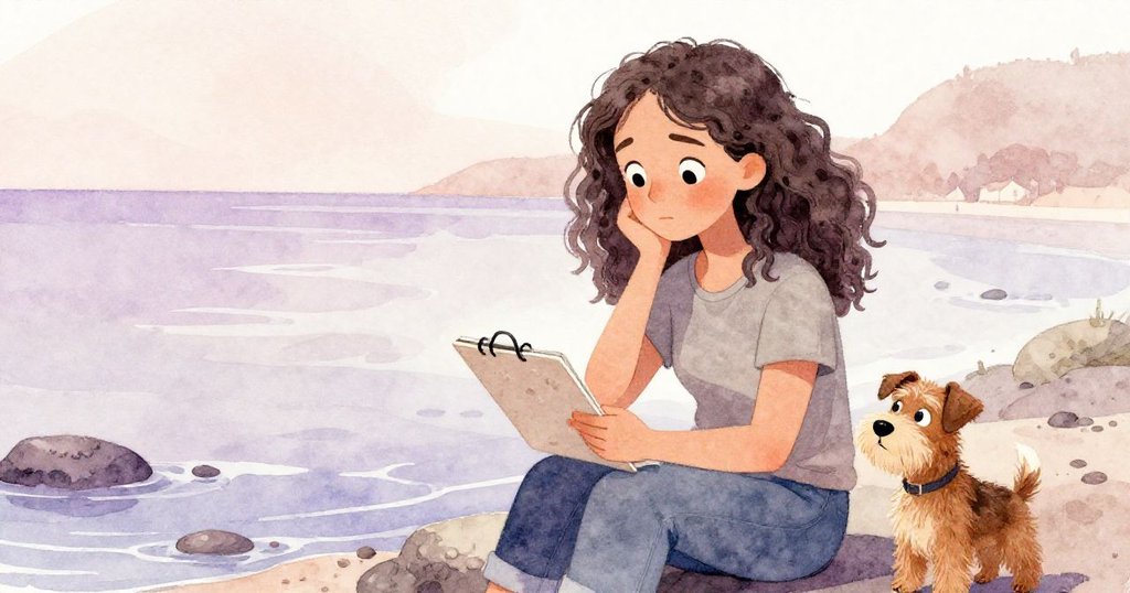 瑪拉於潮池邊停下繪圖,凝視濕潤筆記本沉思抉擇,Pebble靜旁陪伴呈現轉捩瞬間。