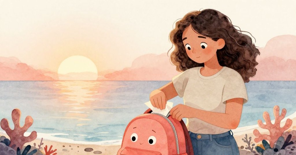 瑪拉微笑合上筆記本,背包拉鏈順滑運作,夕陽灑落靜謐潮池展現故事圓滿終局。