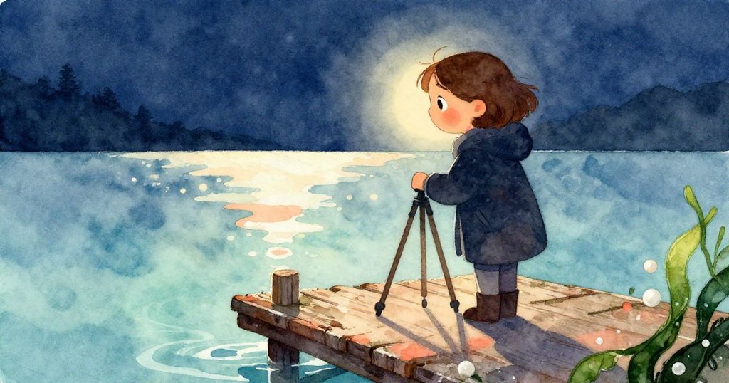 瑪拉在黎明前的老舊碼頭上安裝攝影機,她小心調整三腳架,背景光線柔和,情緒中充滿期待與冒險的開端。